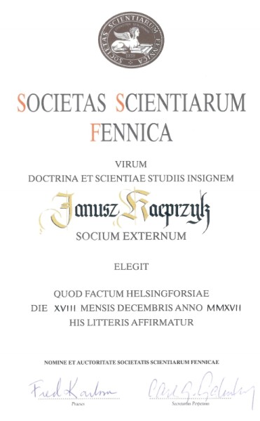 Dyplom Janusz Kacprzyk – Finnish Society of Sciences and Letters