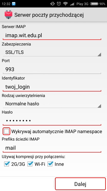 K9 Mail – konfiguracja konta WIT