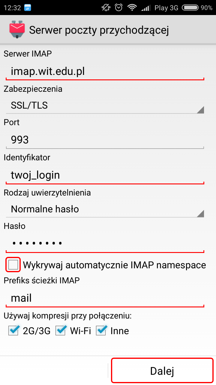 K9 Mail – konfiguracja konta WIT