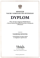 Dyplom Nagroda Ministra dla prof. dr hab. Zygmunta Rafała Strenta