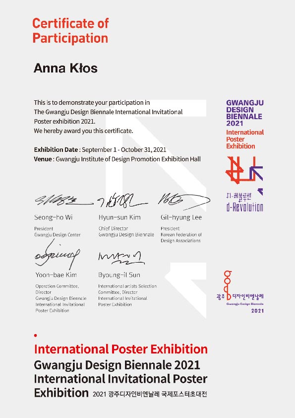 dr Anna Kłos / Międzynarodowa wystawa plakatu Gwangju Institute Design Biennale / Certyfikat