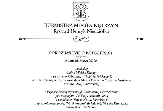 Porozumienie o współpracy pomiędzy Gminą Miejską Kętrzyn a Wyższą Szkołą Informatyki stosowanej i Zarządzania pod auspicjami PAN