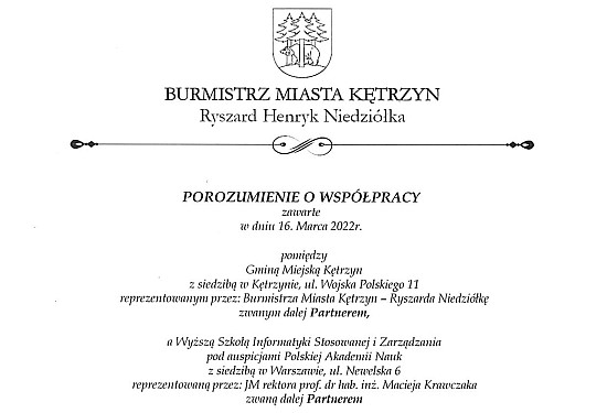 Porozumienie o współpracy pomiędzy Gminą Miejską Kętrzyn a Wyższą Szkołą Informatyki stosowanej i Zarządzania pod auspicjami PAN